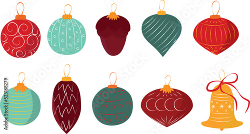 A set of toys on a Christmas tree. Winter. Holiday. Cosiness.
High quality vector image.