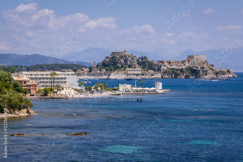 Aerial view of Ionian Sea Garitsa Bay in Corfu town on Corfu Island in Greece, Old Fortress on background