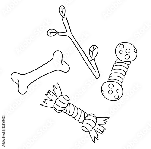 A set of monochrome icons and stickers, interesting toys for dogs, vector cartoon