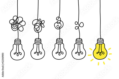 Simplifying the complex, confusion clarity or path vector idea concept with lightbulbs doodle illustration