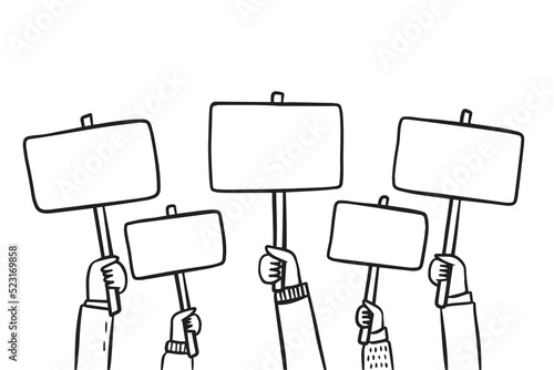 Doodle line illustration large crowd of people demonstrating with blank signs. Human hands up in modern style. 