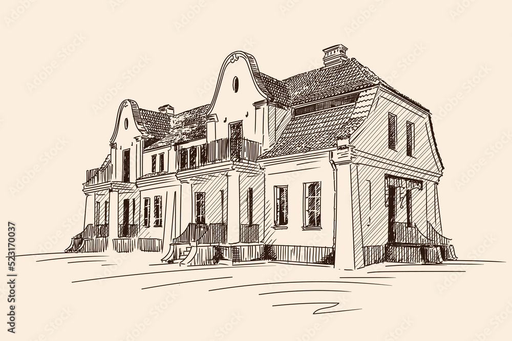 Two-storey old building in classical style with columns and balconies. Front entrance to the building. A quick pencil sketch on a beige background.