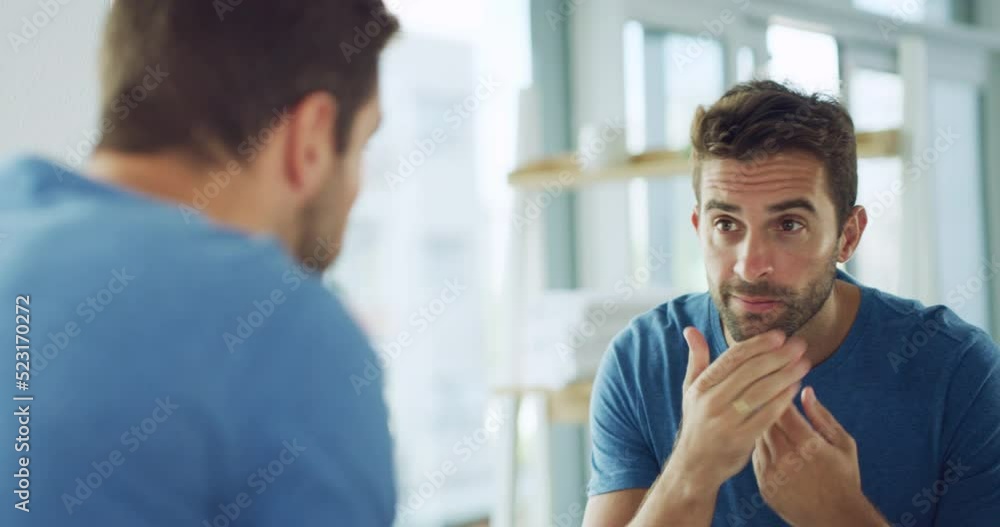 Skincare, hygiene and grooming morning routine of a handsome man with healthy skin. Smiling male looking at his fresh face in a bathroom mirror. Attractive guy getting ready and feeling good inside Skincare, hygiene and grooming morning routine of a handsome man with healthy skin. Smiling male looking at his fresh face in a bathroom mirror. Attractive guy getting ready and feeling good inside