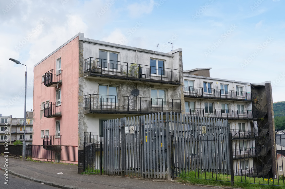 Council flats in poor housing estate with many social welfare issues in Clydebank