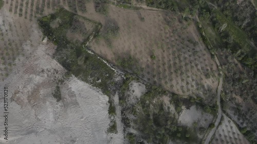 Aerial Drone view of Green Fields, Hills and Trees in a with Small Houses. Turkey.