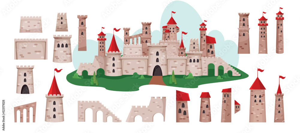 Medieval castle. Fantasy landscape elements set. Fortress moat. Palace in park. Ancient architecture art. Bright building. Fortified wall. Towers and bridges. Vector flat background