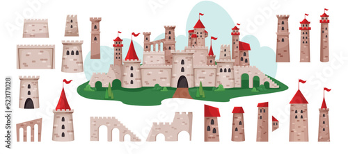 Medieval castle. Fantasy landscape elements set. Fortress moat. Palace in park. Ancient architecture art. Bright building. Fortified wall. Towers and bridges. Vector flat background photo