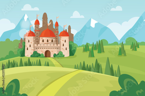 Game castle on hill scene. Magic princess mansion. Road to palace. Fairytale landscape. Mountain panorama. Medieval fortress scenery. Fortified dungeon. Vector cartoon illustration