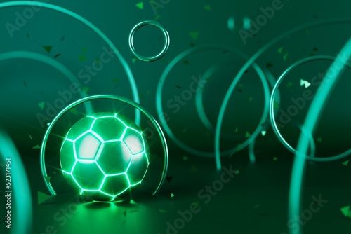football 3d object in the abstract background, arena concept design, copy space, 3d illustration, glow neon light text frame, 3d rendering element, soccer game sport, sports equipment, realistic ball