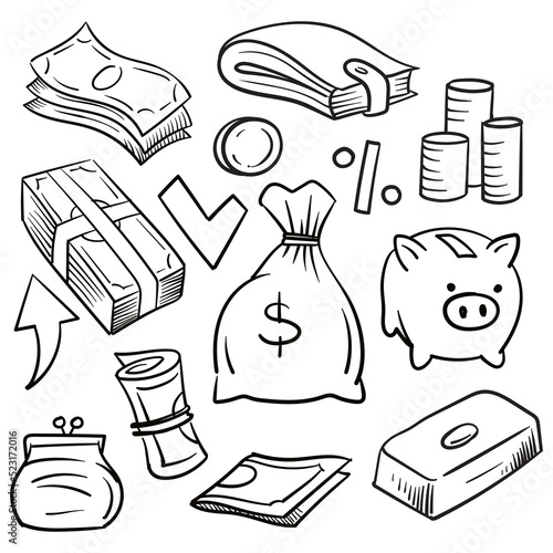 Money Icons Hand Drawn Doodle Coloring Vector