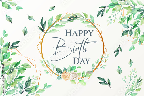 card or banner to wish a happy birthday in green in a circle and a gold colored diamond with flowers and leaves on an ecru background with green leafy branches