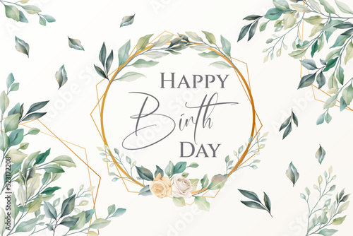 card or banner to wish a happy birthday in green in a circle and a gold colored diamond with flowers and leaves on an ecru background with green leafy branches