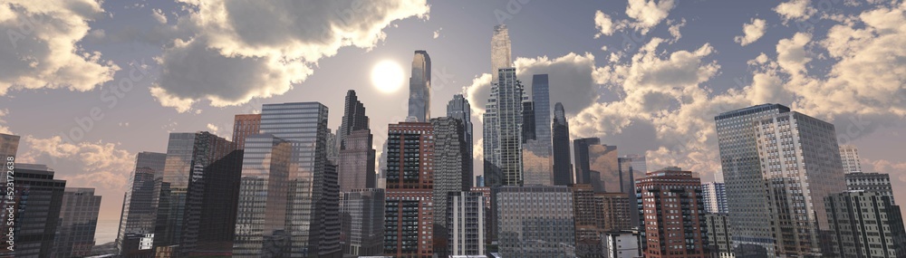 Obraz premium Cityscape, panorama of a modern city with skyscrapers against a sky with clouds and a setting sun, 3d rendering