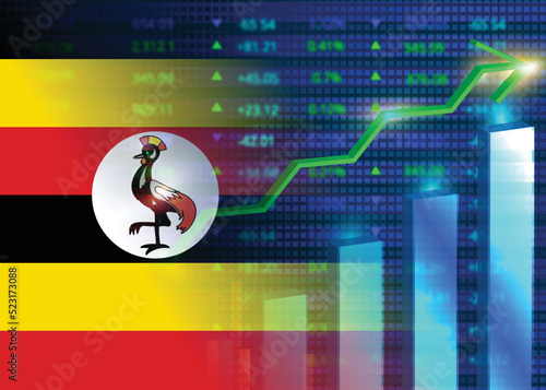 Economic growth in Uganda.Uganda's stock market.Ugandan flag with charts,growth arrow