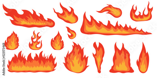 Fire flame, bright fireball, thermal forest fire and red hot bonfire, isolated vector illustration set. Cartoon bonfire.