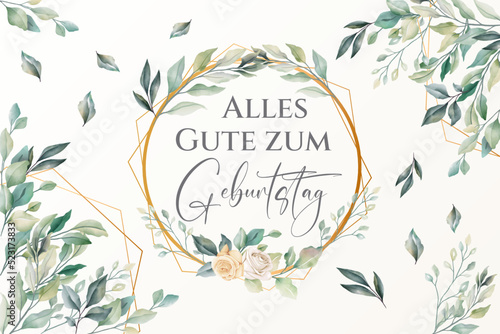 Karte oder Banner, um alles Gute zum Geburtstag in Grün in einem Kreis und einer goldfarbenen Raute mit Blumen und Blättern auf einem ecrufarbenen Hintergrund mit grünen Blattzweigen zu wünschen