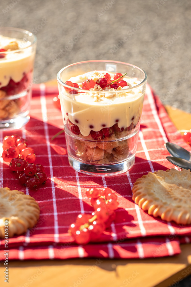 Dessert im Glas mit Johannisbeeren, Vanillecreme und Keks auf einer roten Tischdecke im Sonnenlicht Dessert im Glas mit Johannisbeeren, Vanillecreme und Keks auf einer roten Tischdecke im Sonnenlicht