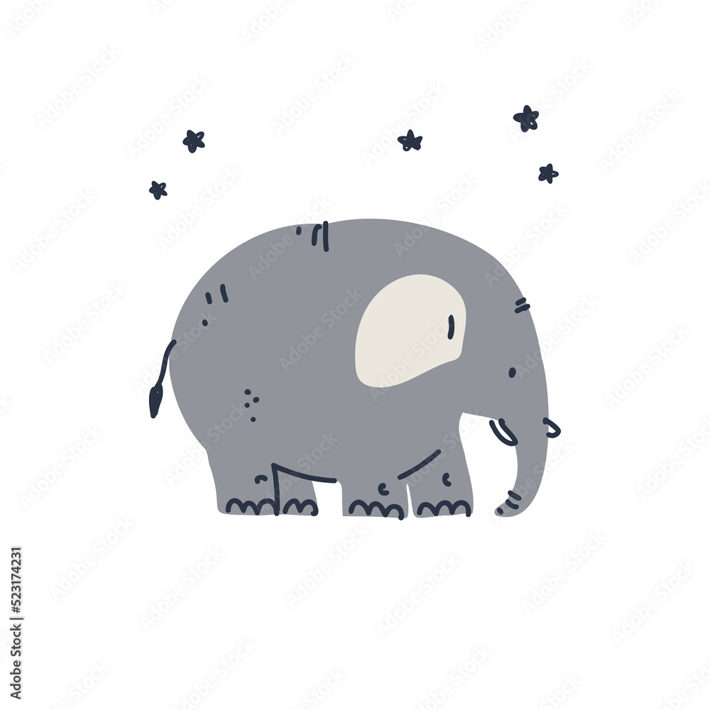 Cute elephant, cheerful african animal. Nursery simple poster design. Hand drawn vector funny zoo character. Primitive cartoon illustration, decoration element. Cute elephant, cheerful african animal. Nursery simple poster design. Hand drawn vector funny zoo character. Primitive cartoon illustration, decoration element.