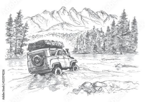 Vector hand drawn 4x4 off road car adventure crossing river and beatiful nature on background. Isolated