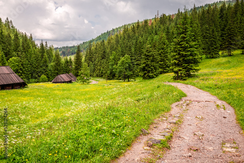 Wooden hut near footpath to...