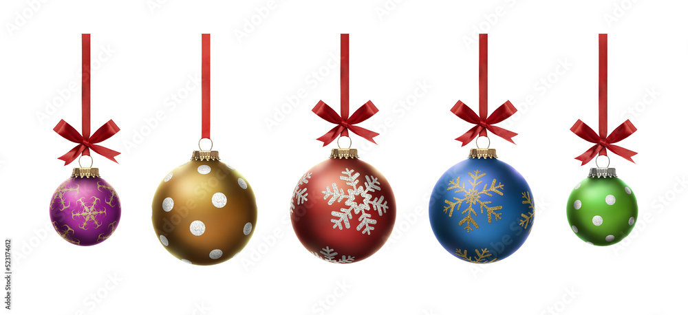 Blue, green, gold, pink and red Christmas bauble tree decorations isolated against a transparent background. - obrazy, fototapety, plakaty 