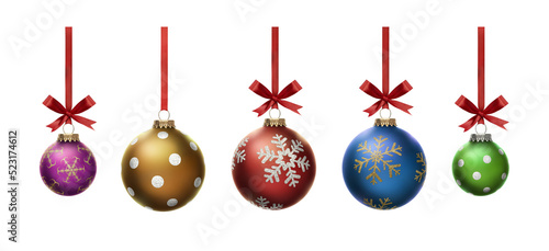 Blue, green, gold, pink and red Christmas bauble tree decorations isolated against a transparent background. photo