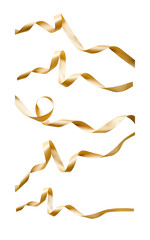 A set of curly gold ribbon for Christmas and birthday present isolated against a transparent background.