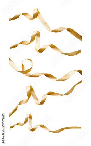 A set of curly gold ribbon for Christmas and birthday present isolated against a transparent background.