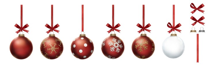 Red Christmas bauble tree decorations with other design elements isolated against a transparent background..
