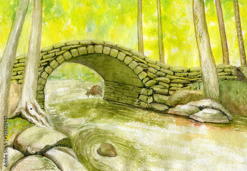 Watercolor landscape, stone bridge over the forest stream