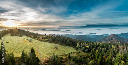 Tatra Mountains in autumn at sunrise view from Luban, Poland