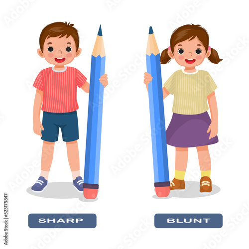 Opposite adjective antonym words sharp and blunt illustration of little kids holding pencils explanation flashcard with text label
