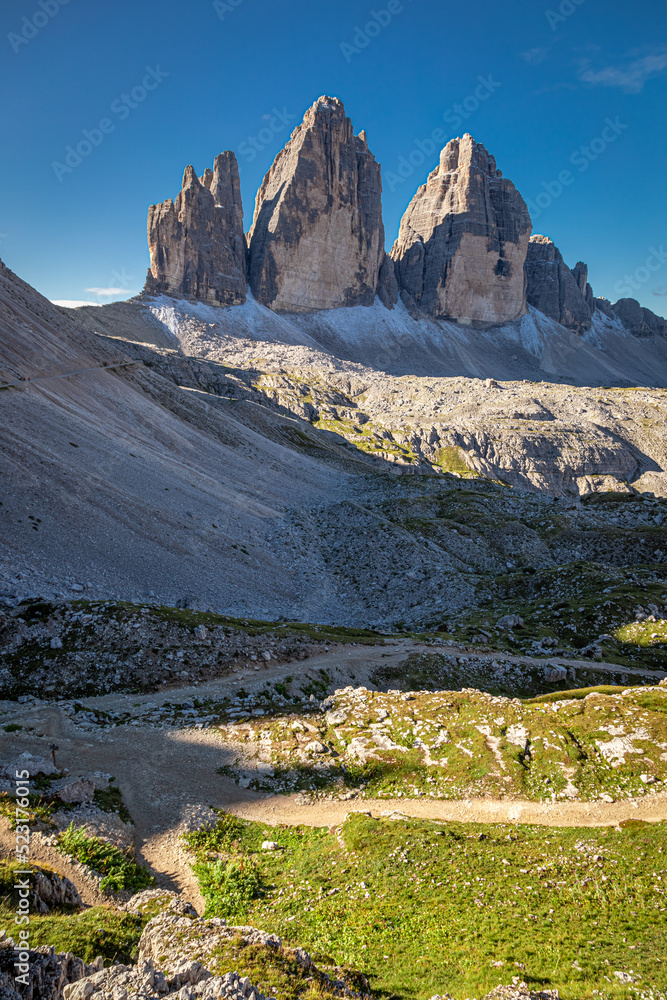 Obraz premium Aerial view of Tre Cime di lavaredo at sunrise, Dolomites