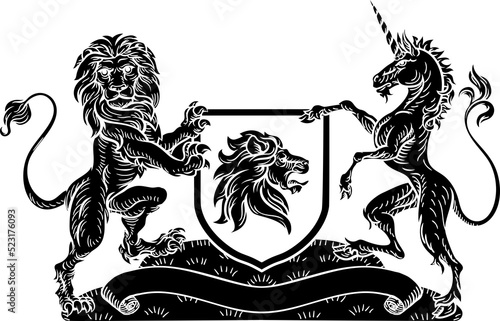 A medieval heraldic coat of arms emblem featuring rampant guardant lion and unicorn animal supporters flanking a shield charge in a vintage woodblock style.