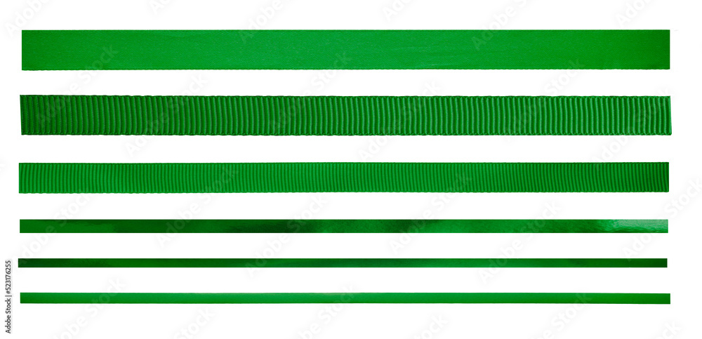 A set of straight green ribbons of different sizes and designs for Christmas and valentines day present wrapping isolated against a transparent background.