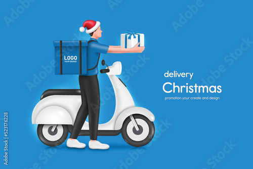 Food delivery man wore a red Santa Claus hat and carried a backpack of food on his back. and handing the gift box to the customer There is a scooter or motorcycle parked in the back,vector 3d