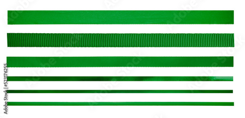 Obraz na płótnie A set of straight green ribbons of different sizes and designs for Christmas and valentines day present wrapping isolated against a transparent background. w salonie