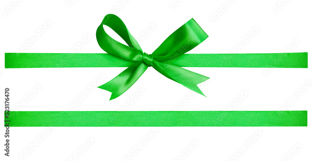 A green ribbon and bow Christmas, birthday and valentines day present decoration set isolated against a transparent background