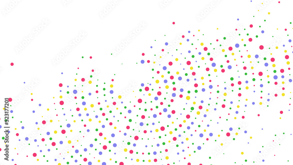 Rainbow vector abstract background of circular dots. Texture of particles. Random maze, puzzle. Chaotic ornament. Circular pattern of point. Design of banner, poster website, frames social networks.