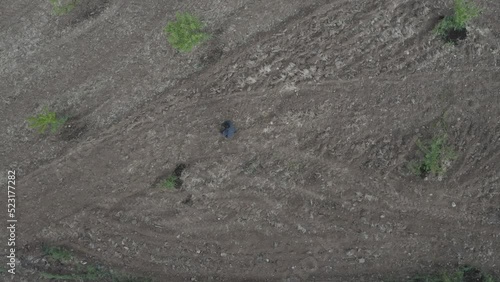 Aerial Drone view of Green Fields, Hills and Trees in a with Small Houses. Turkey.