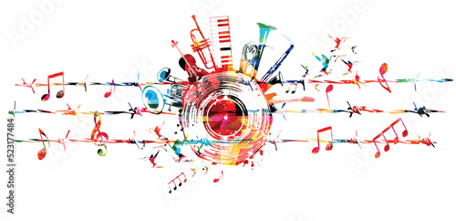  Colorful musical poster with musical instruments and notes attached to barbed wire and isolated vector illustration. Design with vinyl disc for concert events, music festivals and shows, party flyer 