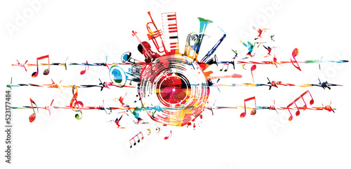  Colorful musical poster with musical instruments and notes attached to barbed wire and isolated vector illustration. Design with vinyl disc for concert events, music festivals and shows, party flyer	