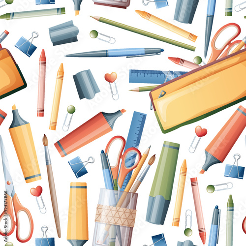 Seamless pattern with pencils, markers, scissors. School seamless background. Suitable for paper, wallpaper, textiles, etc.
