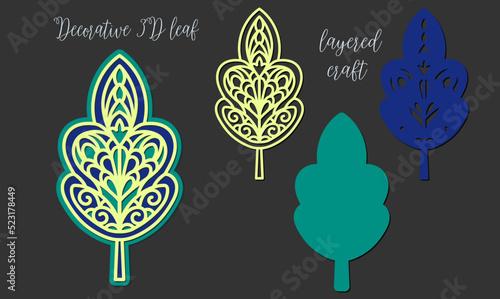 Multi-layered decorative craft, openwork leaf. 3D design for laser cutting and cutting printers