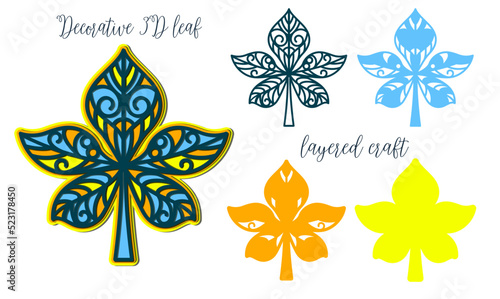 Natural multi-layer decorative craft multi-layer openwork leaf. 3D design for laser cutting.