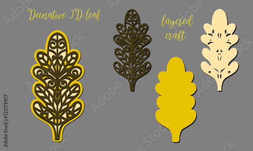 Openwork oak leaf. 3D design for laser cutting. Multi-layer decorative craft.