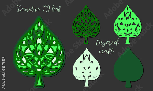 Openwork green leaf. Multi-layer decorative craft. 3D design for laser cutting.