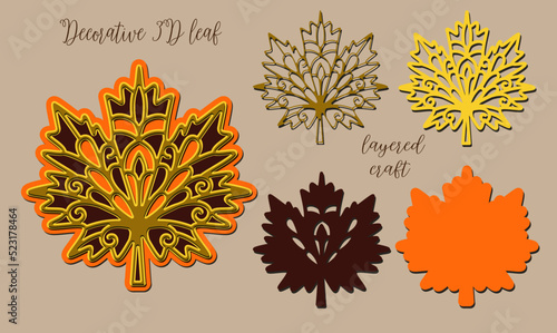 Openwork maple leaf. 3D design for laser cutting. Multi-layer decorative craft.