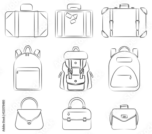 Vector illustration of a set of shopping bags. Icon of luggage, women's bags, briefcases and backpacks.