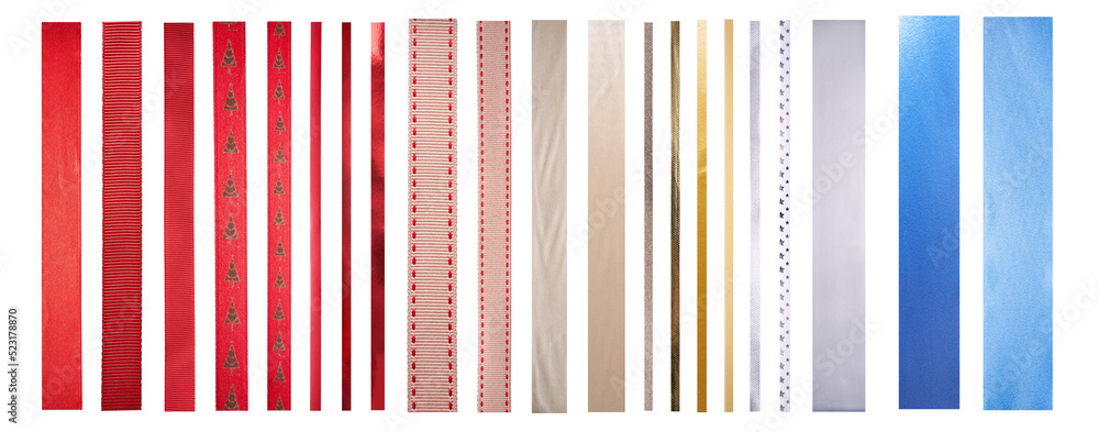 A set of straight gold, red, silver and blue ribbons of different sizes and designs for Christmas, birthday and valentines day present wrapping isolated against a transparent background